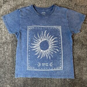 Roxy Womens Celestial Sun Zodiac Graphic Tee Blue Mineral Wash Cotton XS